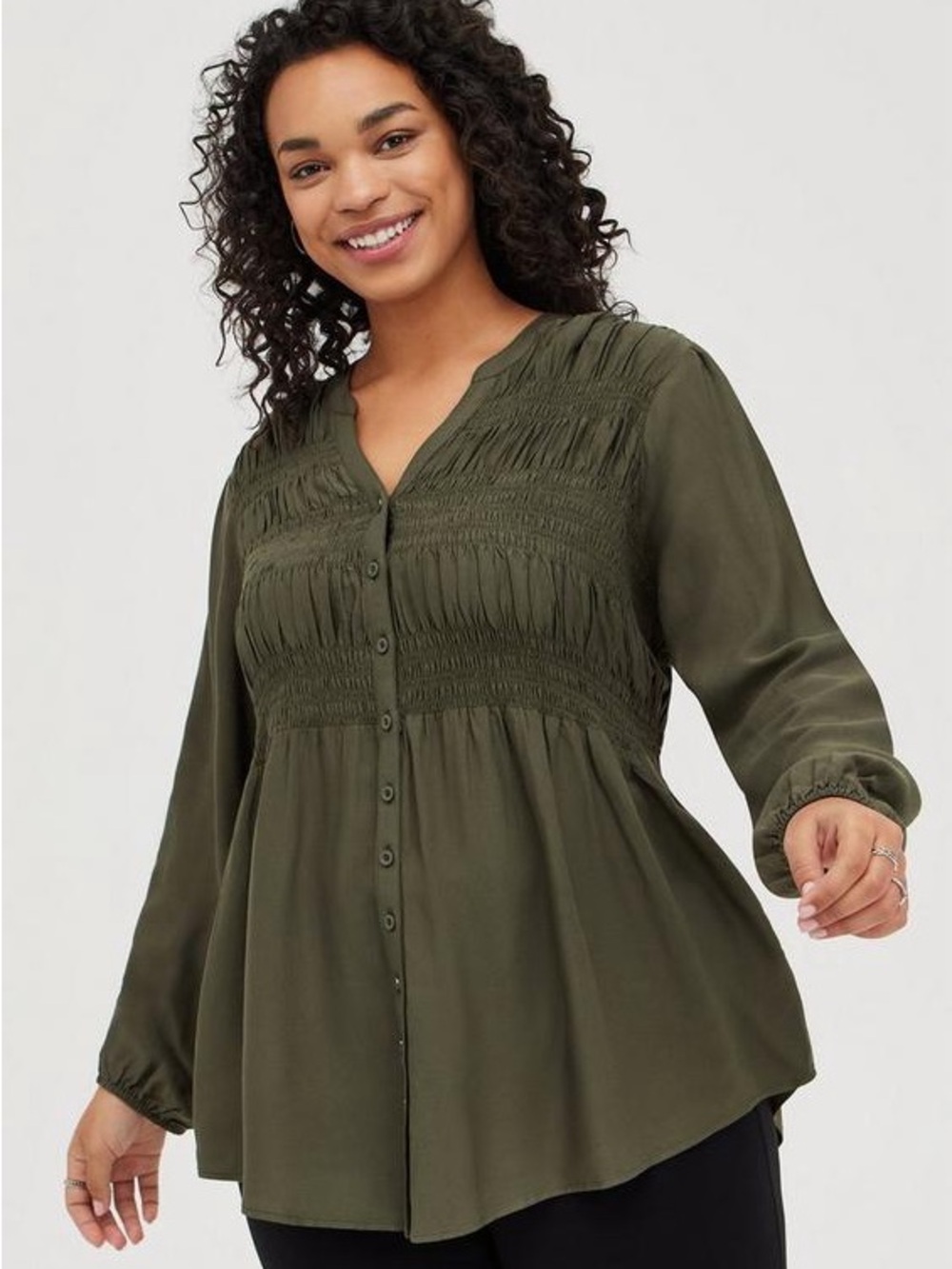 torrid Babydoll Twill Smocked Button-Front Tunic Top olive size 5XL or 22-24